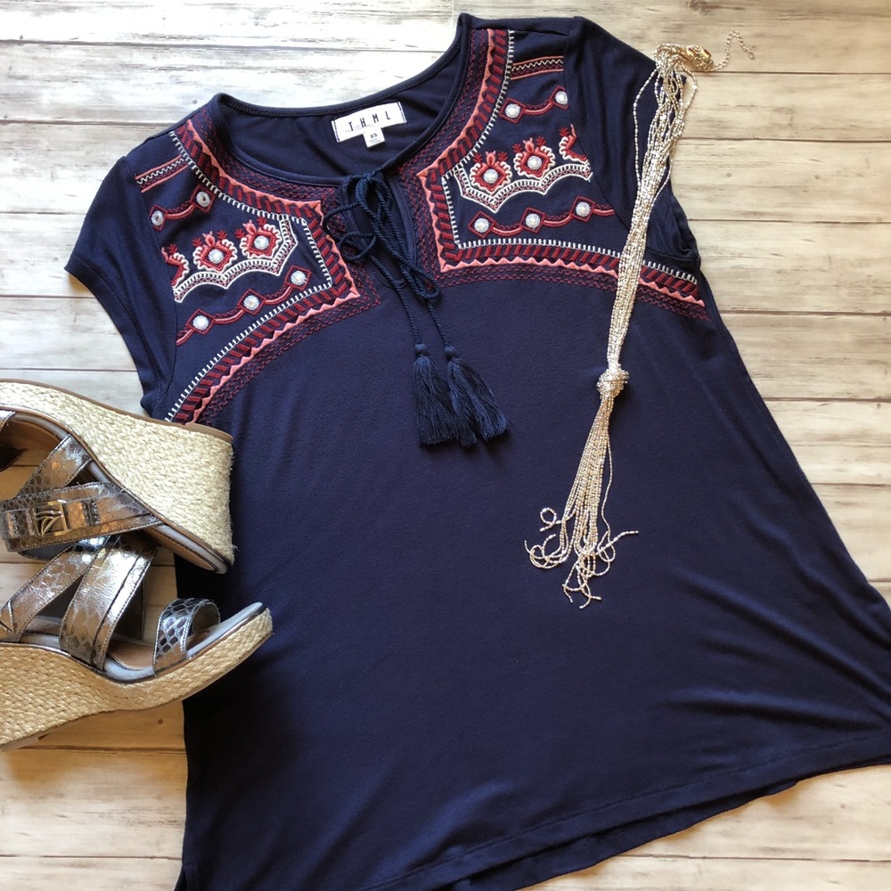 NWOT embroidered navy tassel top